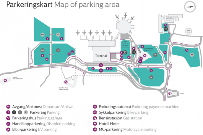 Oversiktskart over parkeringsområdene på Bergen Lufthavn Flesland